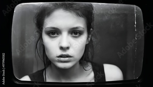 Melancholic Girl Staring Through TV Screen - Vintage Portrait