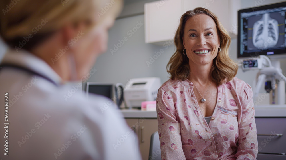 Obraz premium Relieved Woman in Medical Consultation After Mammogram, Smiling with Doctor Reviewing Results
