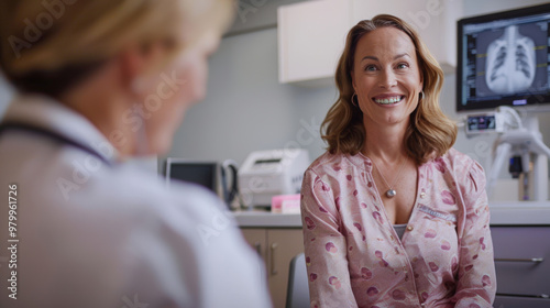 Relieved Woman in Medical Consultation After Mammogram, Smiling with Doctor Reviewing Results