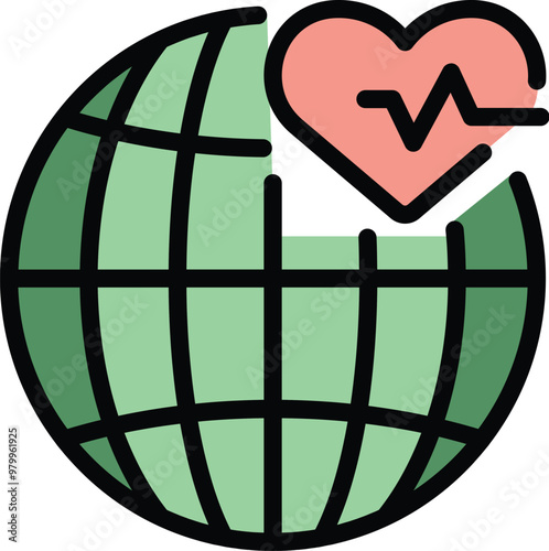 Green globe with a heartbeat line representing the concept of global healthcare and well being