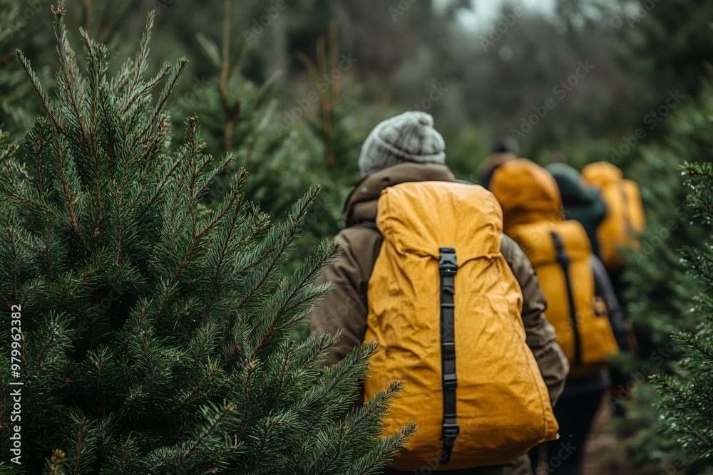 custom made wallpaper toronto digitalA group of hikers dressed in winter gear, including yellow jackets and knit caps, trekking through a dense evergreen forest. 
