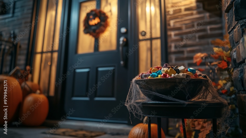A bowl overflowing with colorful candy sits on a small table outside a house with a black door. The bowl is covered in cobwebs and is lit by the porch light A bowl overflowing with colorful candy sits on a small table outside a house with a black door. The bowl is covered in cobwebs and is lit by the porch light