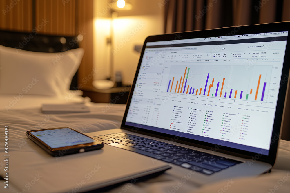 Laptop and smartphone with charts and data on the screen in a hotel room Laptop and smartphone with charts and data on the screen in a hotel room