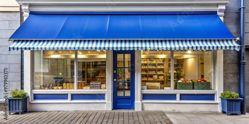Blue Awning Shopfront with White and Blue Stripes, Wide Perspective, Daylight, Urban, Shop, Storefront , Exterior