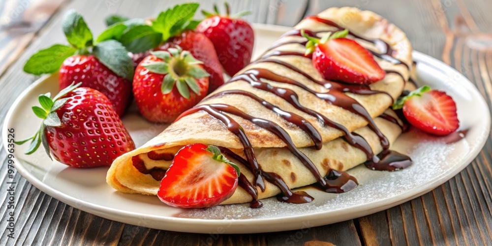 Chocolate Drizzled Crepe with Strawberries, Crepe , Strawberry , Dessert Chocolate Drizzled Crepe with Strawberries, Crepe , Strawberry , Dessert