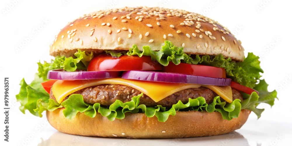 Classic Cheeseburger with Sesame Seed Bun, Lettuce, Tomato and Onion, Food Photography, Burger, Fast Food, Appetizer Classic Cheeseburger with Sesame Seed Bun, Lettuce, Tomato and Onion, Food Photography, Burger, Fast Food, Appetizer