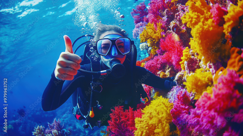 Portrait of diver with thumbs up gesture with colorful beautiful coral reef with sea life fishes