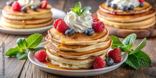 Close-up of Fluffy Pancakes with Whipped Cream, Raspberries and Blueberries, Rustic Wooden Background, Pancake Recipe, Breakfast, Dessert, Sweet Treat