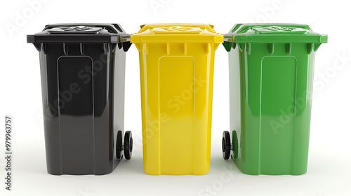 Collection of Three Recycling Bins in Different Colors for Paper, Plastic, and Glass Waste, Displaying an Organized Waste Separation System for Eco-Friendly and Sustainable Recycling Practices