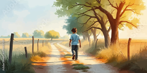 A young child walking alone behind. Watercolor illustration. Digital oil painting vector landscape. Alone boy artwork
