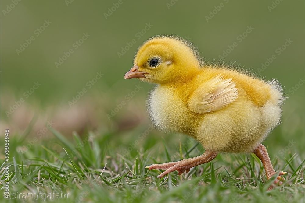 A cheerful yellow chick happily walking across vibrant green grass under a sunny sky A cheerful yellow chick happily walking across vibrant green grass under a sunny sky
