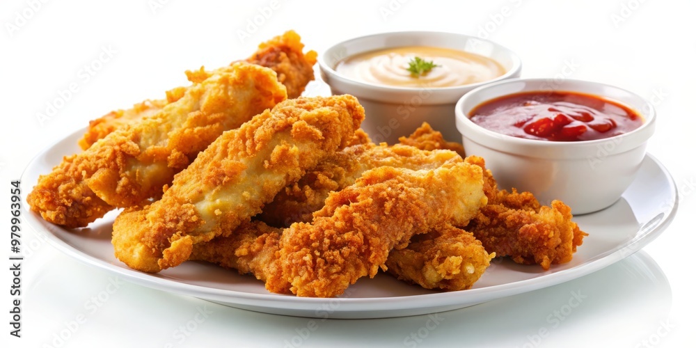 Crispy Chicken Tenders with Dipping Sauces, white background, close up, food photography, chicken tenders, dipping sauce, fast food Crispy Chicken Tenders with Dipping Sauces, white background, close up, food photography, chicken tenders, dipping sauce, fast food