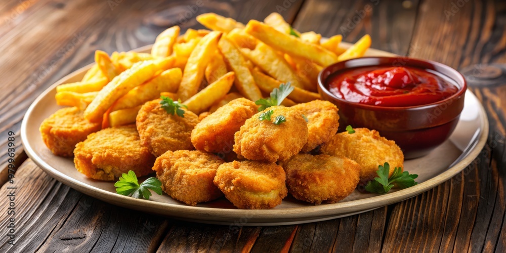 Crispy Chicken Nuggets and French Fries with Ketchup on a Plate, food photography, chicken nuggets, french fries ,ketchup Crispy Chicken Nuggets and French Fries with Ketchup on a Plate, food photography, chicken nuggets, french fries ,ketchup
