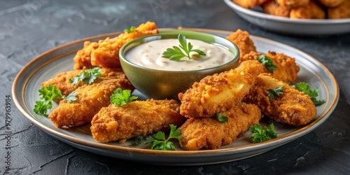 Crispy Chicken Tenders with Creamy Dip, Close Up, Delicious Appetizer, Chicken Tenders, Appetizer, Creamy Dip