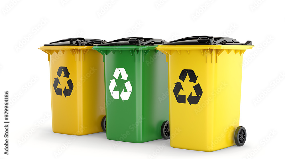 Collection of Three Recycling Bins in Different Colors for Paper, Plastic, and Glass Waste, Displaying an Organized Waste Separation System for Eco-Friendly and Sustainable Recycling Practices Collection of Three Recycling Bins in Different Colors for Paper, Plastic, and Glass Waste, Displaying an Organized Waste Separation System for Eco-Friendly and Sustainable Recycling Practices