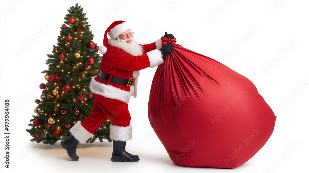Santa Claus pulling huge bag of presents isiolated on white background Santa Claus pulling huge bag of presents isiolated on white background