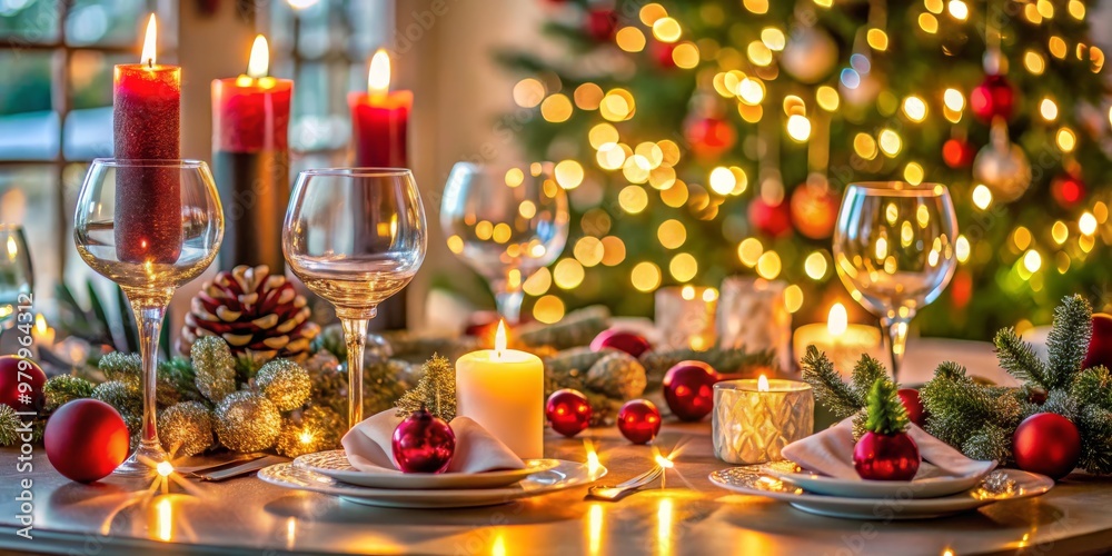 Festive Table Setting with Candles and Christmas Tree Lights, Christmas, Holiday, Decoration Festive Table Setting with Candles and Christmas Tree Lights, Christmas, Holiday, Decoration