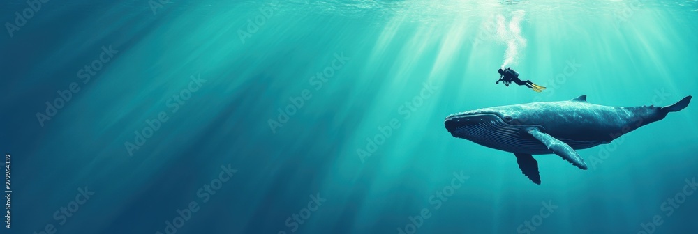 Diver with giant whale in deep sea