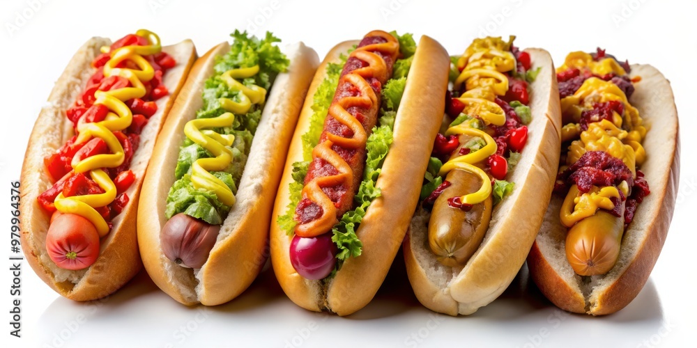 Five Hot Dogs with Different Toppings, Close Up, Gourmet, Food, Delicious, Hot Dog, Food Photography Five Hot Dogs with Different Toppings, Close Up, Gourmet, Food, Delicious, Hot Dog, Food Photography