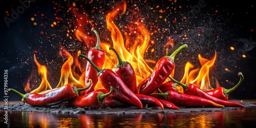 Fiery Red Chili Peppers in Flames, Still Life Photography, Black Background, Spicy Food, Chili Pepper, Food Photography photo