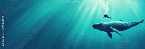 Obraz na płótnie Diver with giant whale in deep sea w salonie