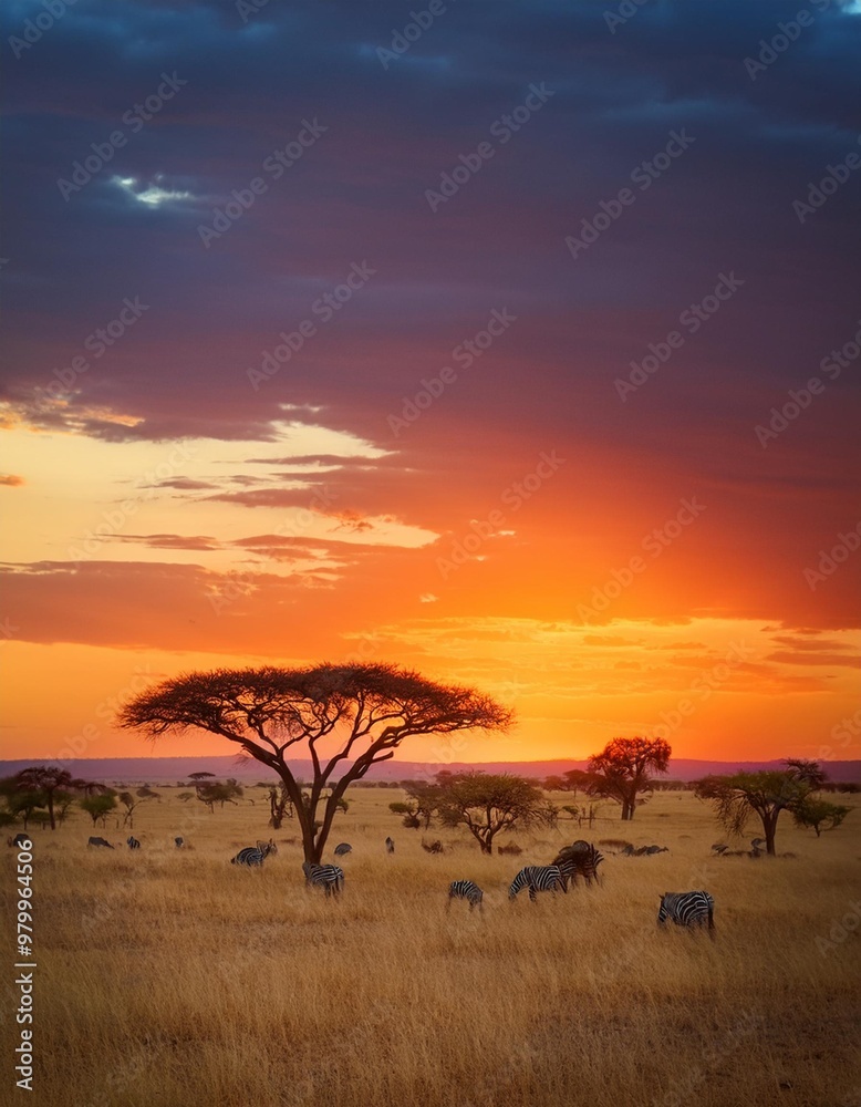 Vast Savannah Plains Under a Fiery Sunset, Home to Grazing Wildlife Vast Savannah Plains Under a Fiery Sunset, Home to Grazing Wildlife