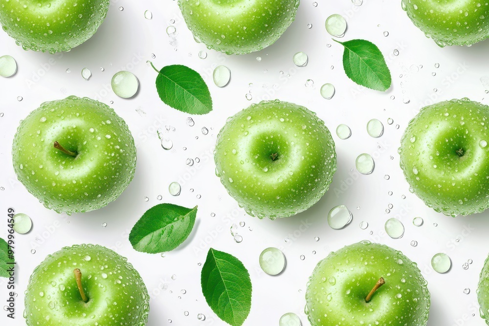 Fototapeta premium Abstract seamless pattern with fresh green apples on white background