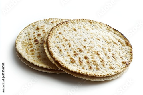 3 handcrafted circular Passover matzohs on white backdrop photo