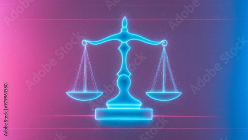 A digital illustration of a glowing neon scale on a pink and blue gradient background