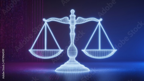 A glowing digital representation of the scales of justice against a neon background