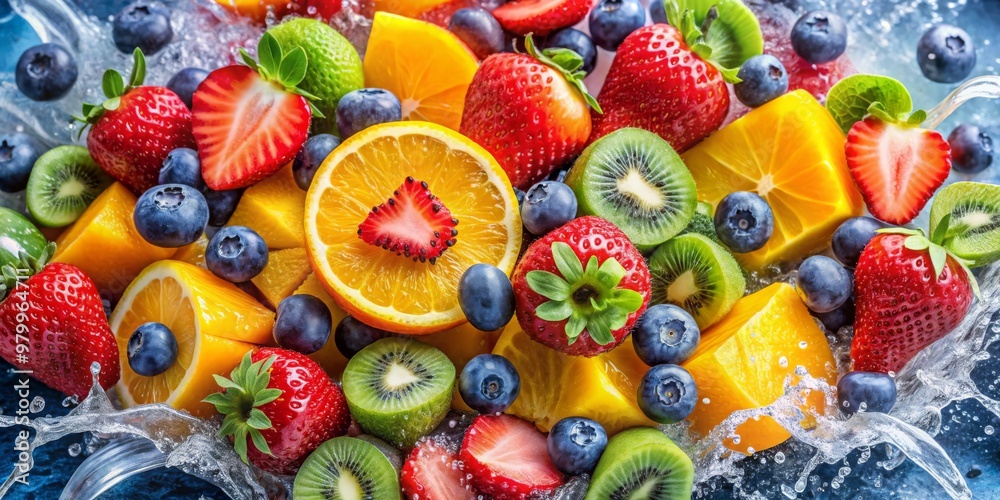 Fruit Splash Strawberries, Oranges, Kiwi, and Blueberries in a Refreshing Water Burst, Fruit Salad, Healthy Snack, Summer Treat Fruit Splash Strawberries, Oranges, Kiwi, and Blueberries in a Refreshing Water Burst, Fruit Salad, Healthy Snack, Summer Treat