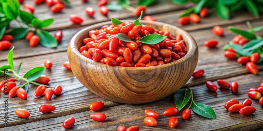 Goji Berries in Wooden Bowl on Rustic Wood Table, Goji Berries, Superfoods, Health Food Goji Berries in Wooden Bowl on Rustic Wood Table, Goji Berries, Superfoods, Health Food