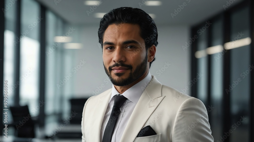 Fototapeta premium adult black hair hispanic man in white formal attire model portrait looking confident on an office background for ad concept space for text