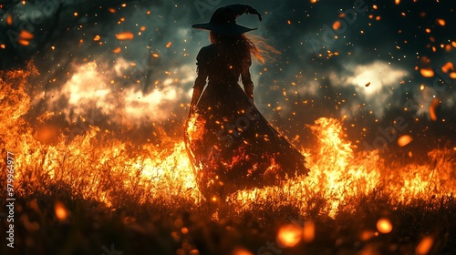 Hellowin Fire Pumpkin Scene with Witch photo