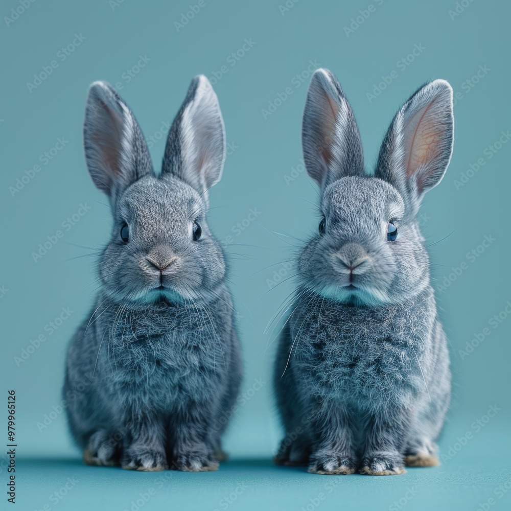 Two adorable rabbits posing for the camera against a soft pastel colored wall background Two adorable rabbits posing for the camera against a soft pastel colored wall background