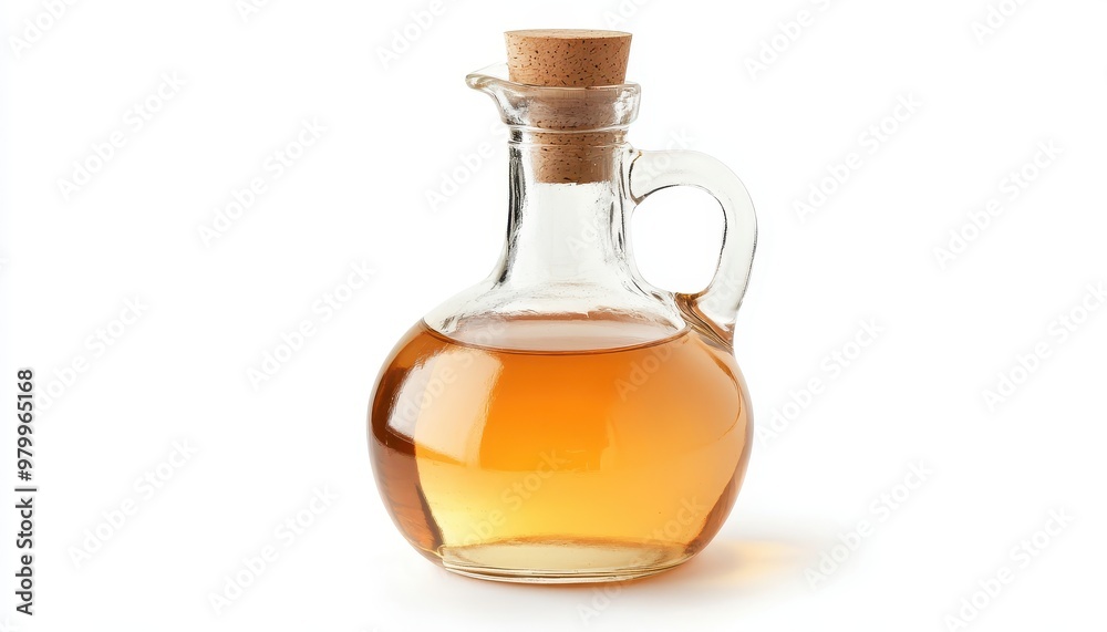 Apple cider vinegar in clear glass bottle on white background Apple cider vinegar in clear glass bottle on white background