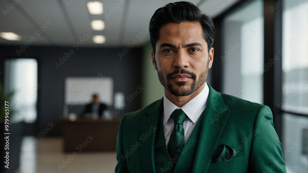 Obraz premium adult black hair hispanic man in green formal attire model portrait looking confident on an office background for ad concept space for text