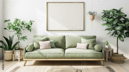 blank picture frame hanging on a white wall above a light green sofa, surrounded by several indoor plants in a cozy living room generative ai