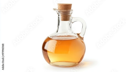 Apple cider vinegar in clear glass bottle on white background