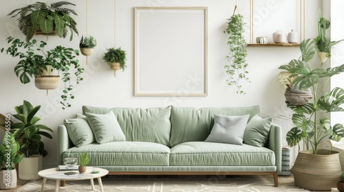 blank picture frame hanging on a white wall above a light green sofa, surrounded by several indoor plants in a cozy living room generative ai