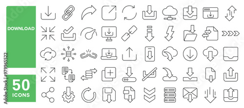 Set of 50 line icons related to download, upload, cloud, server, transfer, software, data, folder, document, link, share, downloads, Editable stroke. Vector illustration