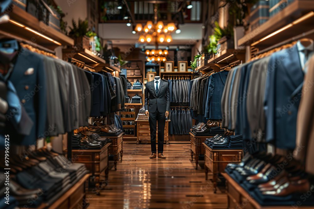 A mannequin wearing a suit and tie is displayed in a store, generative ai image., A mannequin wearing a suit and tie is displayed in a store, generative ai image.,