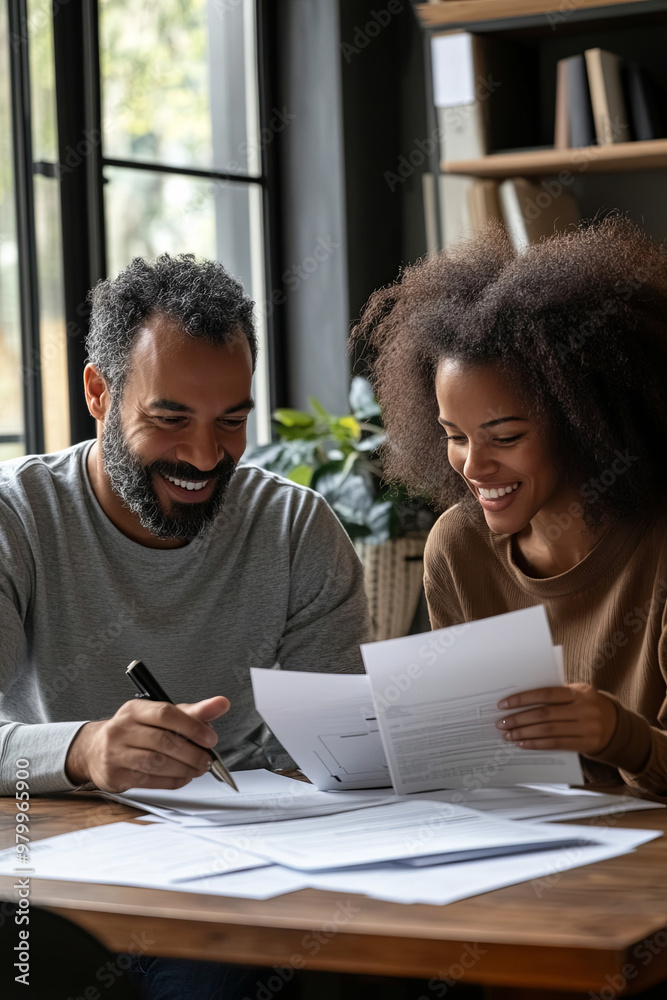 Couple reviewing home purchase documents at a dining table Couple reviewing home purchase documents at a dining table