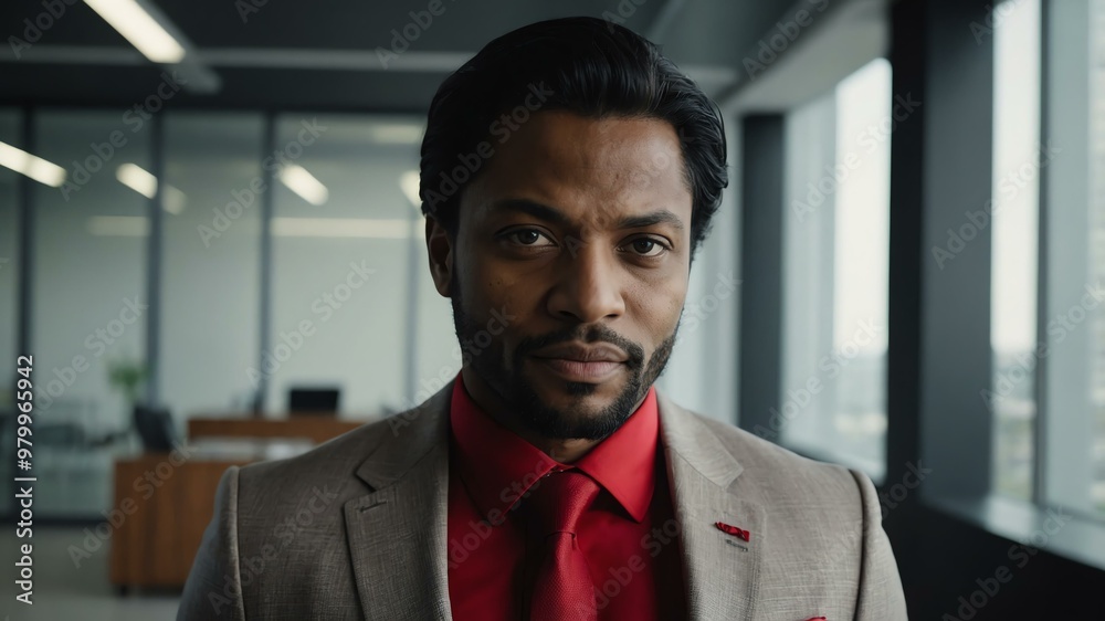 Fototapeta premium adult black hair european man in red formal attire model portrait looking confident on an office background for ad concept space for text