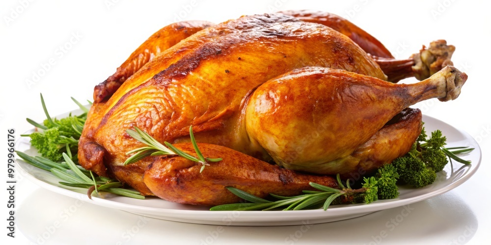 Roasted Chicken on White Plate with Rosemary and Parsley, Gourmet, Dinner, Festive, Thanksgiving Roasted Chicken on White Plate with Rosemary and Parsley, Gourmet, Dinner, Festive, Thanksgiving