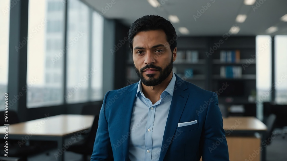 Naklejka premium adult black hair european man in blue formal attire model portrait looking confident on an office background for ad concept space for text