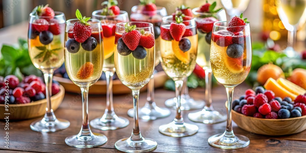 Sparkling Wine with Berries and Mint in Glass, Champagne, Summer Drink, Cocktail Sparkling Wine with Berries and Mint in Glass, Champagne, Summer Drink, Cocktail