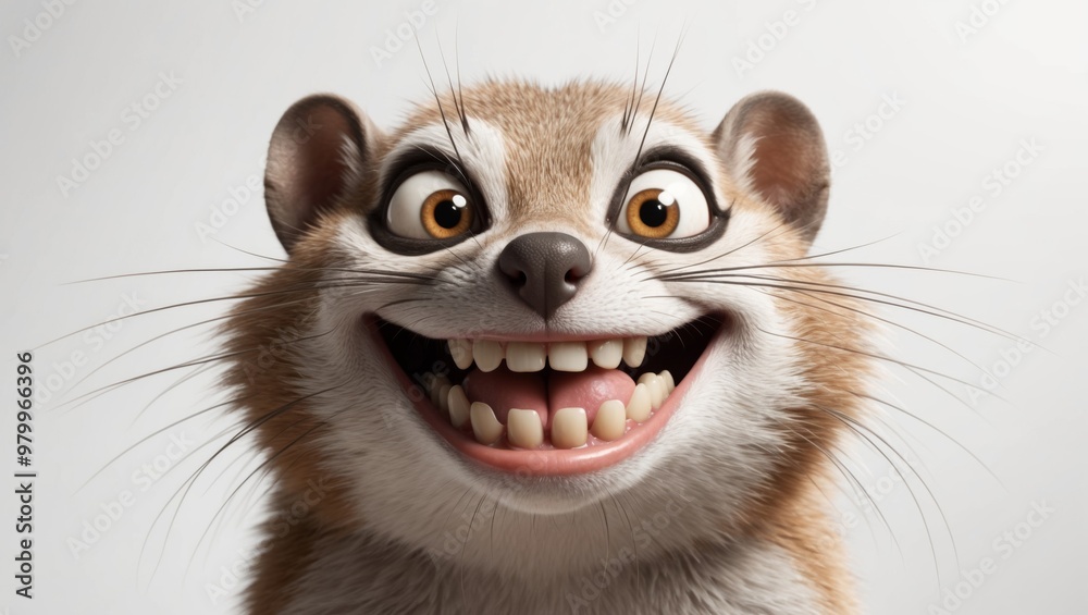 A close-up of a grinning animated weasel against a plain background A close-up of a grinning animated weasel against a plain background