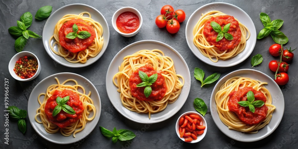 Top View of Spaghetti with Tomato Sauce and Basil, Plate, Food, Italian, Recipe Top View of Spaghetti with Tomato Sauce and Basil, Plate, Food, Italian, Recipe
