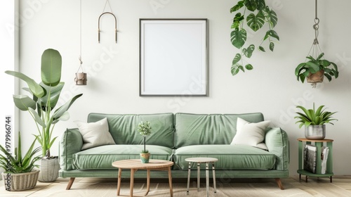 blank picture frame hanging on a white wall above a light green sofa, surrounded by several indoor plants in a cozy living room generative ai